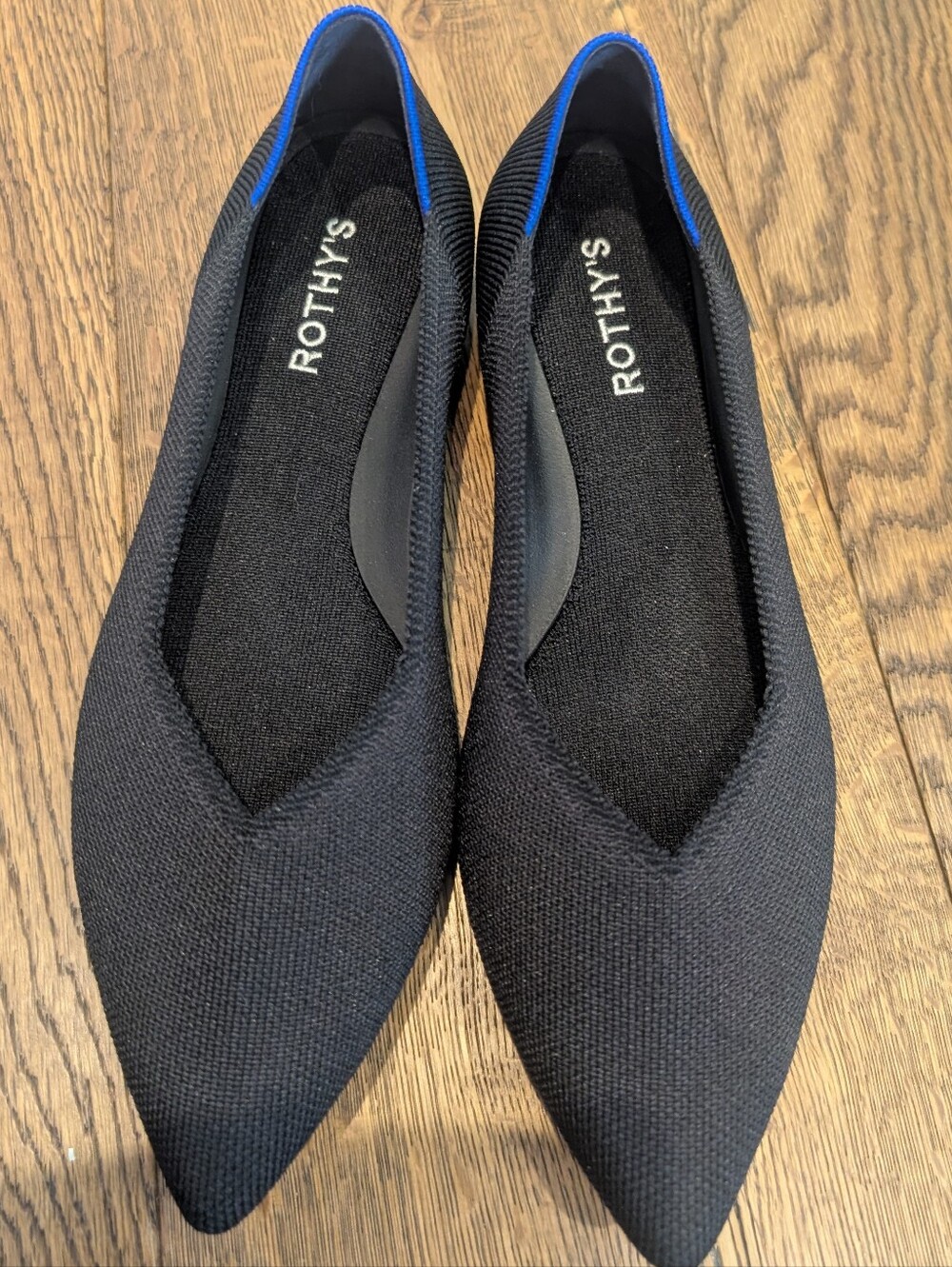 Rothy's Black Pointed Knit Flats with Blue Trim